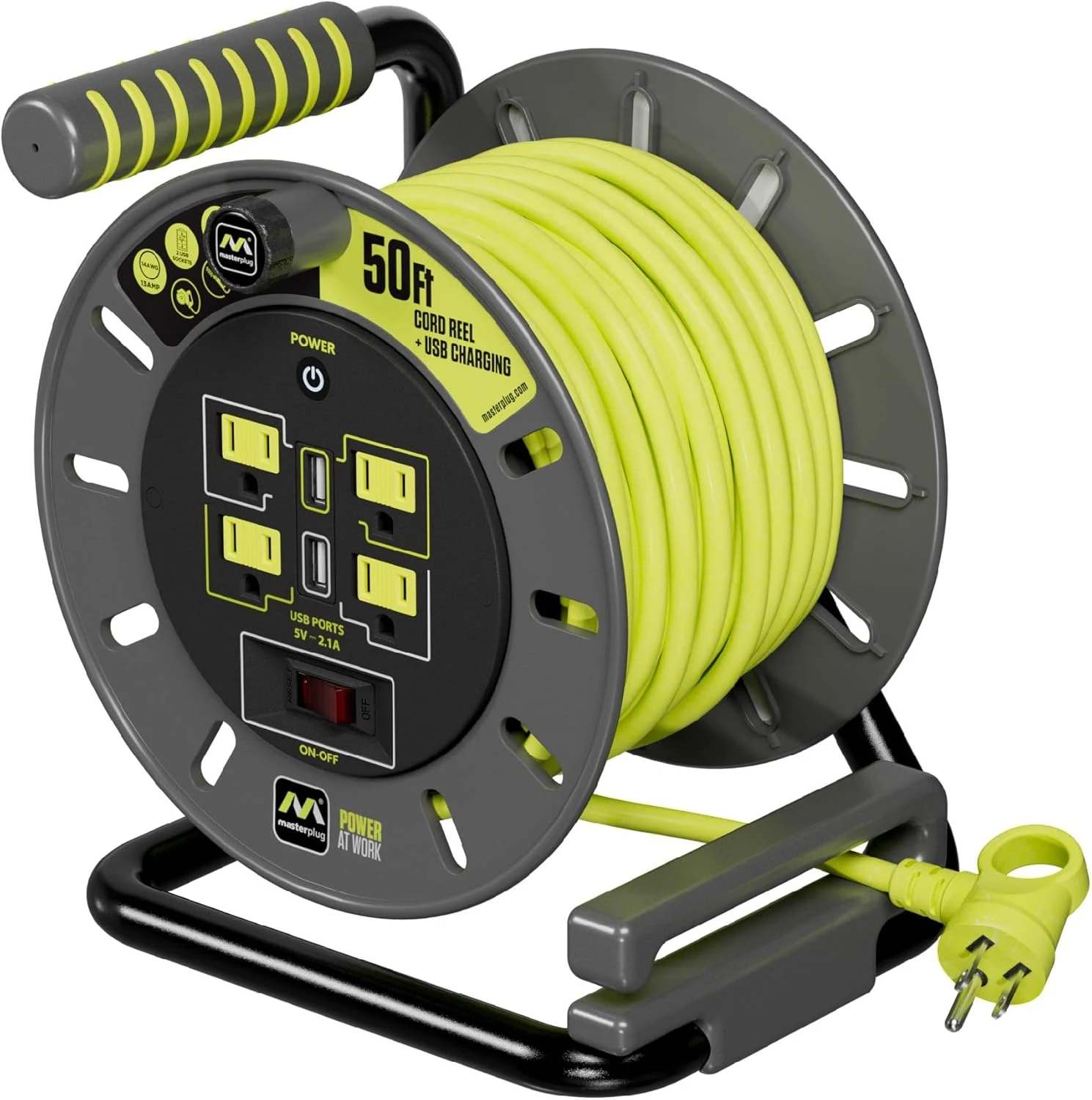 Masterplug 50ft Cord Reel, Retractable Extension Lead with Winding Handle