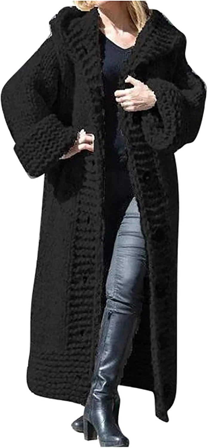 WUAI-Women Heavyweight Hooded Sweaters Oversized Long Sleeve Open Front Loose Chunky Knit Sweater Cardigans Jackets