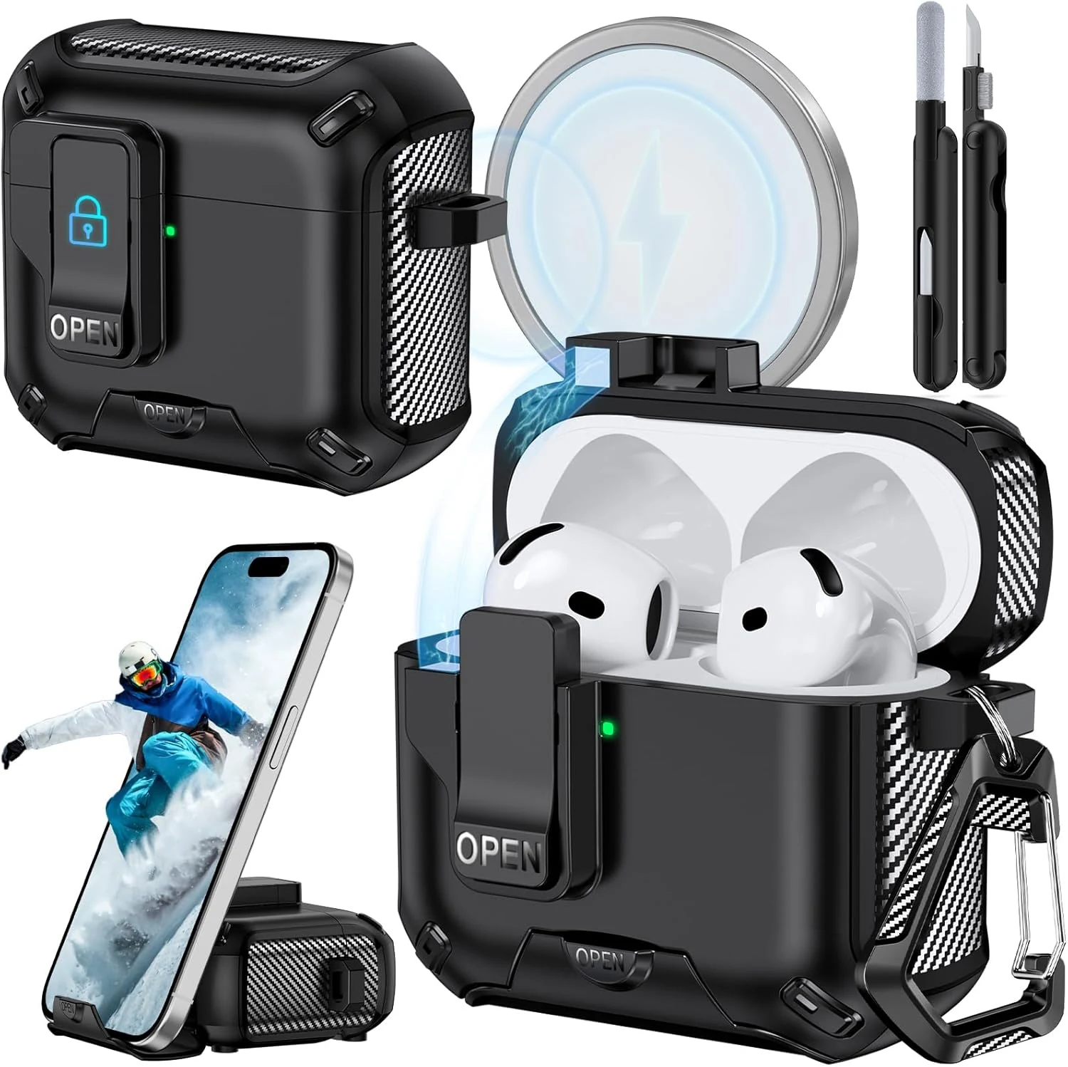for AirPods 4 Case (2024) with Phone Stand, (with Automatic Snap Switch) Carbon Fiber Design Protection Cover with Cleaning Pen, Black