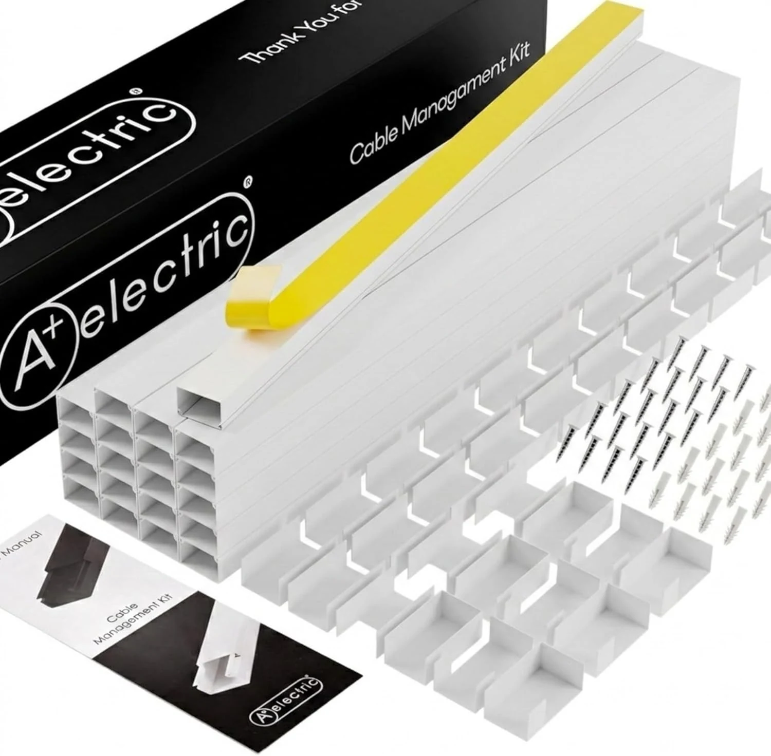 A+ ELECTRIC Cord Cover Full Kit, 26ft/315in Self-Adhesive Cable Raceway, 20 Snap-On Channels, Wire Hider for TV, HDMI & Speaker Cables, Includes Connectors & Corners, Paintable Cable Management, White