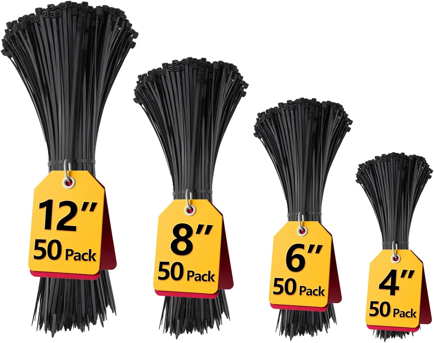 Black Zip Ties Assorted 12+8+6+4 inch, 200 Pack, Cable Ties, UV Resistant Wire Ties for Outdoor Use, Tie Straps, LOCKLOCK