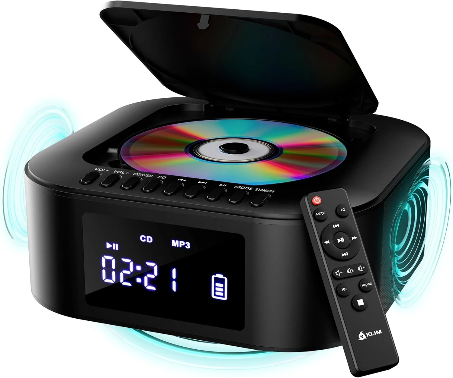 KLIM Boombox E1 (Portable CD Player with Bluetooth, FM Radio, USB/AUX, and Rechargeable Battery)