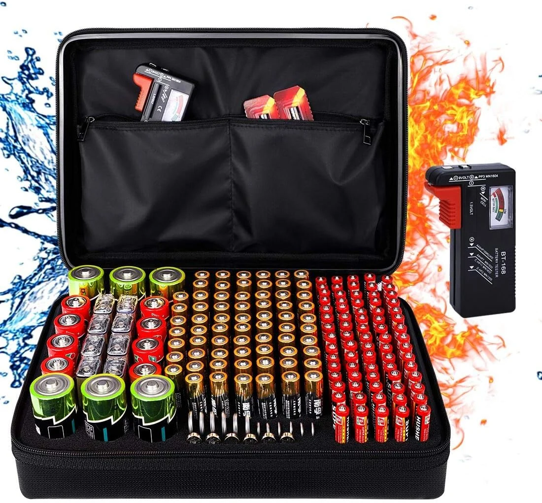 DocSafe Fireproof Battery Organizer Storage Box, Fireproof Waterproof Carrying Case Bag Holder (200+ Batteries)