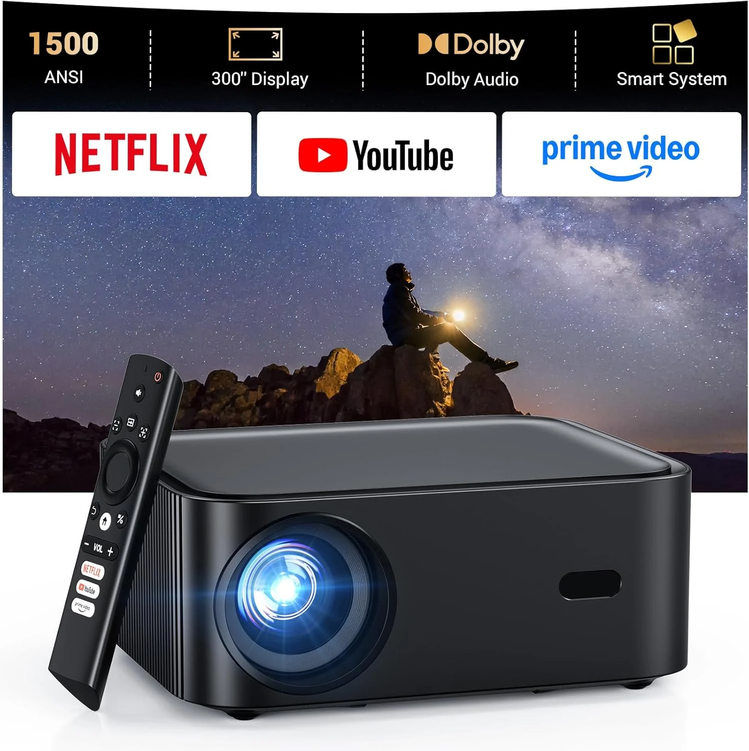 HAPPRUN Smart Projector H11 (1500 ANSI lumens) with Built-In Streaming, Wi-Fi 6, and Dolby Audio
