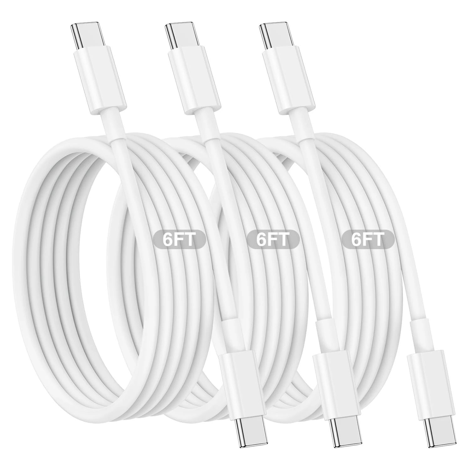 3-Pack 6FT USB-C to USB-C Charging Cable, 60W PD Fast Charging Type C Cord (White)