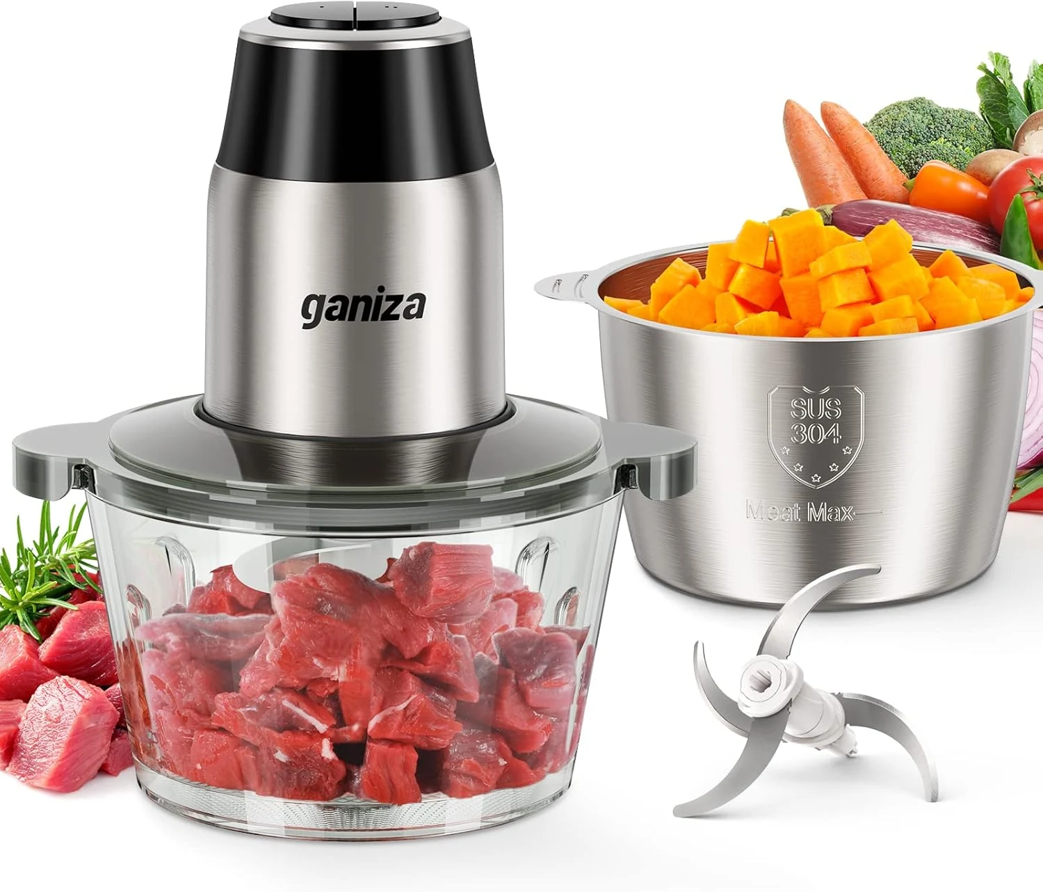GANIZA Food Processors, Electric Food Chopper with Meat Grinder & Vegetable Chopper (2 Bowls, 450W)