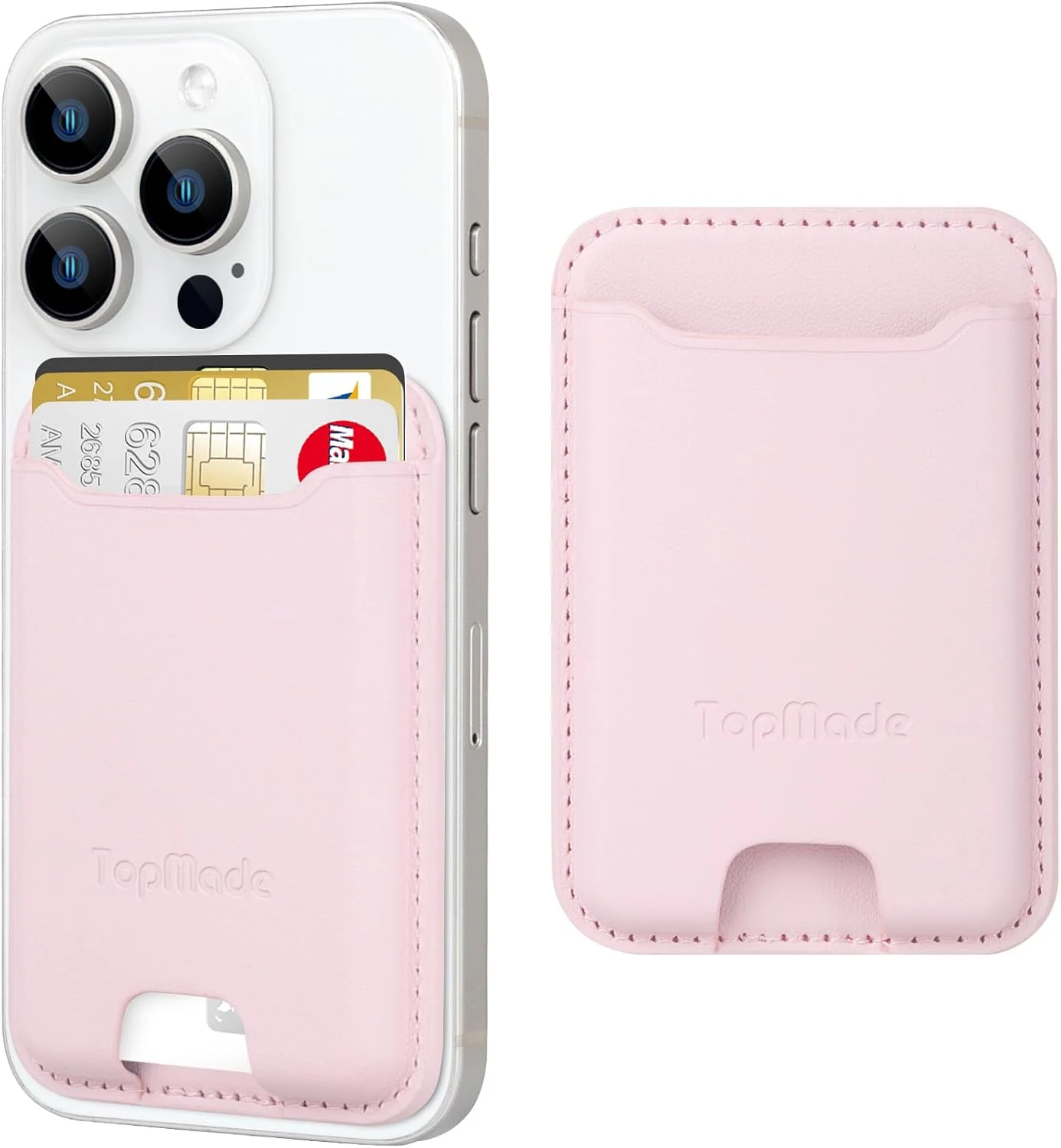TopMade Phone Card Holder, Premium Leather Phone Wallet Stick on, Stronger 3M Adhesive Credit Card Holder for Back of Phone Case, iPhone, Samsung, and Android, RFID Blocking, Fit 4 Cards, Pink