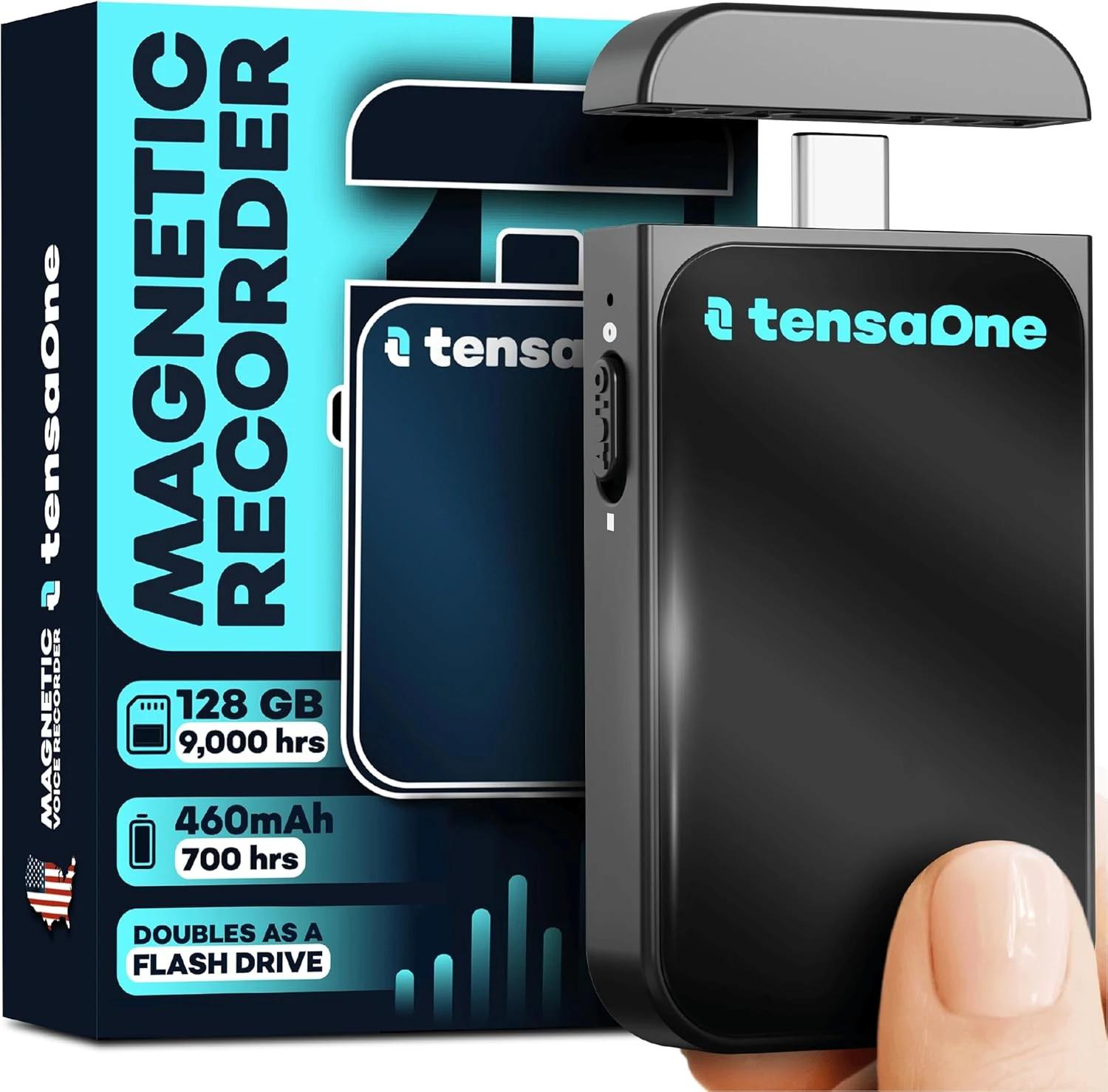 TensaOne Voice Activated Recorder – Mini Audio Recording Device with Magnetic Mount, Small Portable Digital Recorders, Microphone Devices with AI Smart Noise Reduction, Wireless Sound, 128GB–9000 hrs