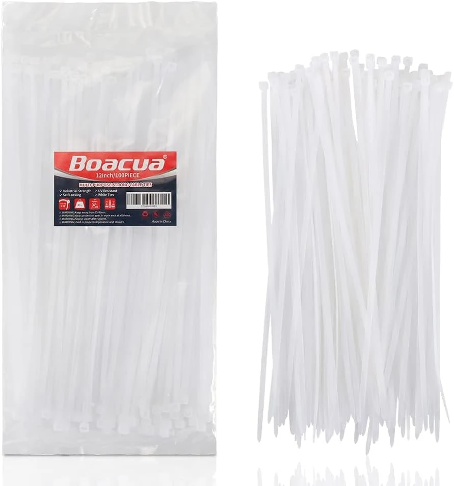12 Inch Zip Cable Ties (100 Pieces), Self-Locking Premium Nylon Cable Wire Ties, Heavy Duty White