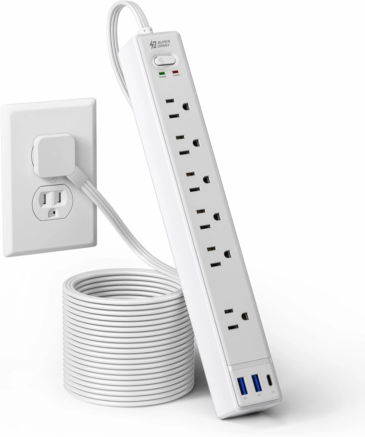 SUPERDANNY 10Ft Extension Cord with Multiple Outlets (6 AC + 3 USB, Flat Plug Surge Protector)