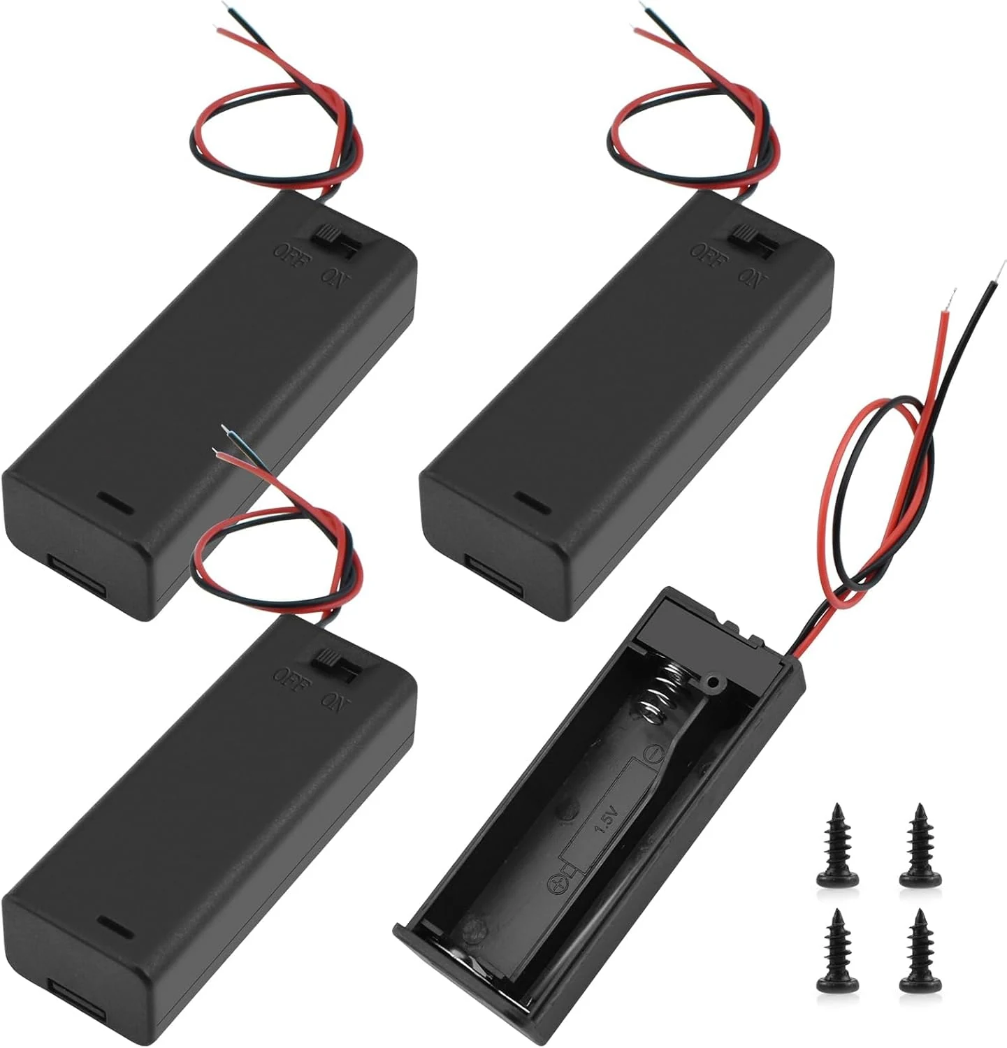SDTC Tech 1 x 1.5V AA Battery Holder with Wires, 1.5 Volt Battery Case Box with ON/Off Switch, 1.5V Battery Holder with Leads and Switch, 4 Packs