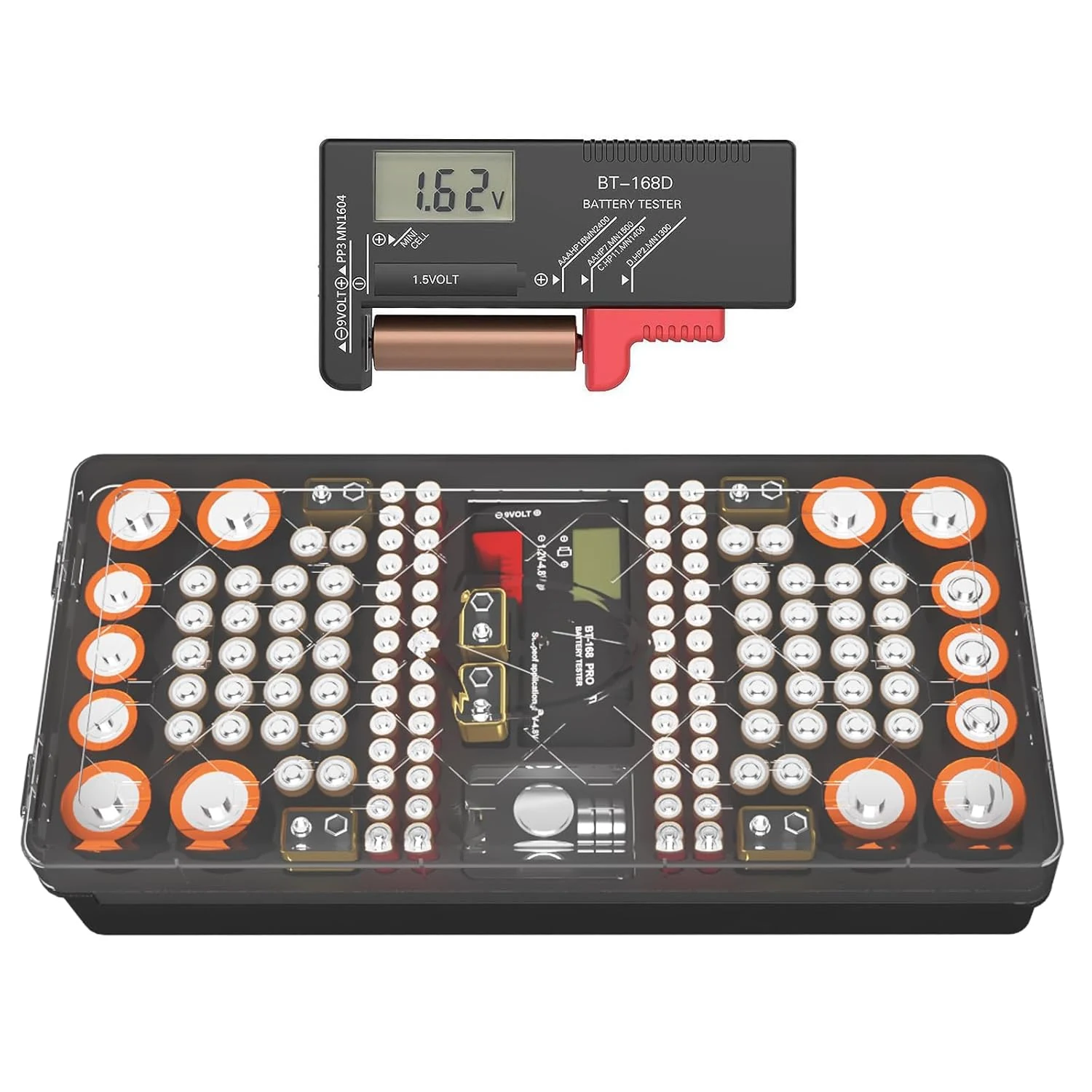 Battery Organizer Storage Case with Digital Tester, Holds 136 Batteries AAA AA C D 9V Button Cell Batteries, Compact Design with Clear Locking Lid for Home & Garage