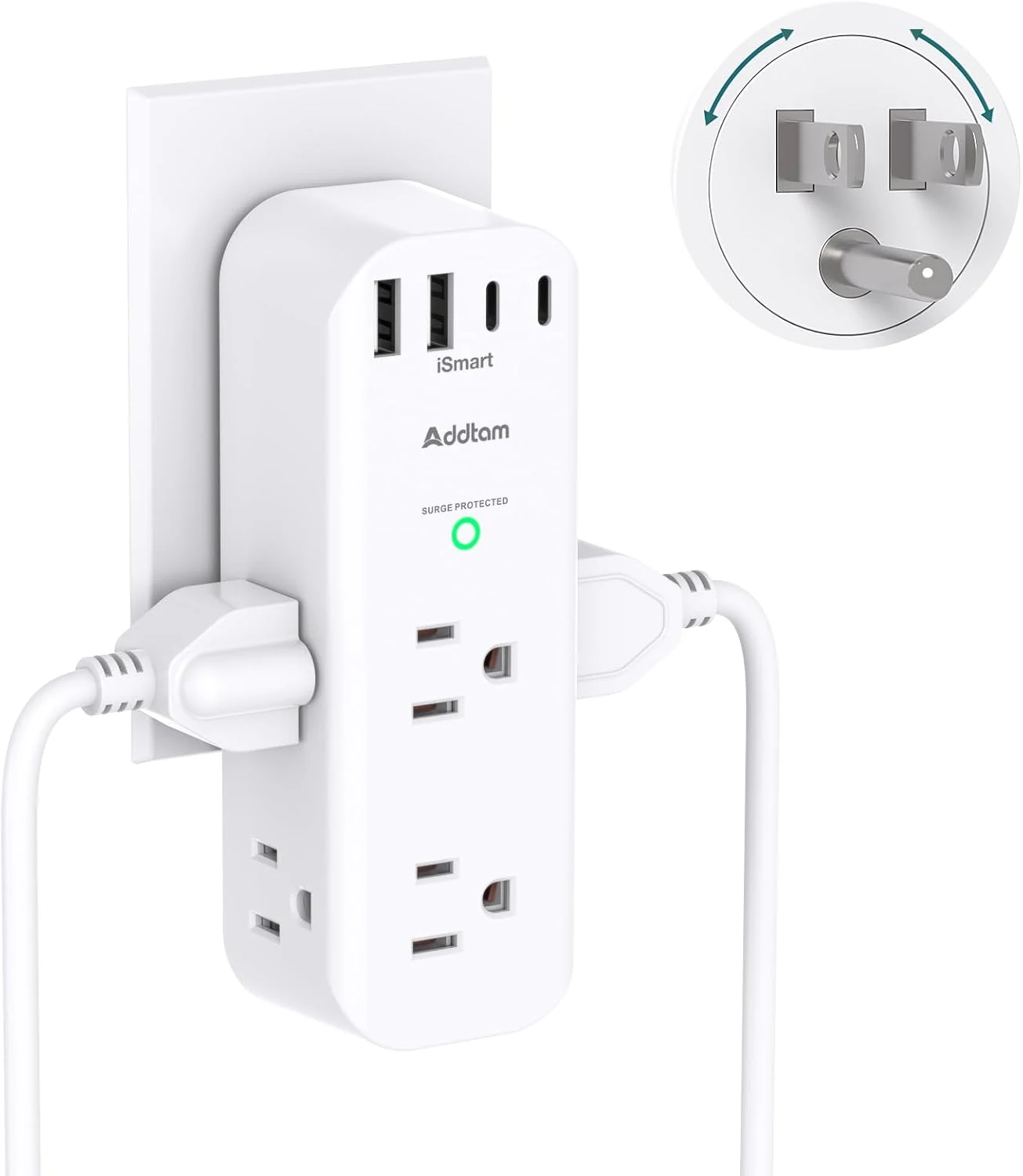 Addtam Surge Protector Wall Outlet Extender (6 AC + 4 USB, Rotating Plug, 1800J)