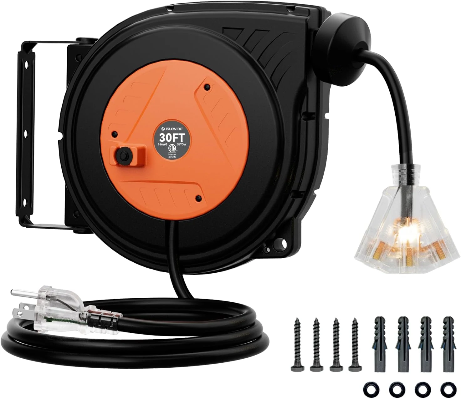 30FT Retractable Extension Cord Reel, 16AWG/3C SJTOW Heavy Duty Power Cord Reel with Lighted Triple Outlets, 10A Circuit Breaker, Orange