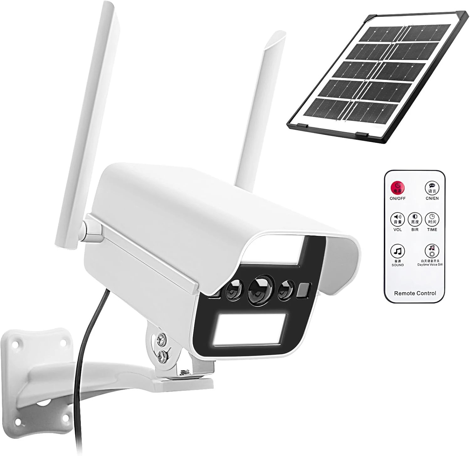 Solar Fake Security Camera with Motion Sensor Light&Audio& Sound&Doorbell for Outdoor, Decoy Simulated Dummy Surveillance Cameras for Outside, IP54, Warning Sticker Included (Solar+Battery)