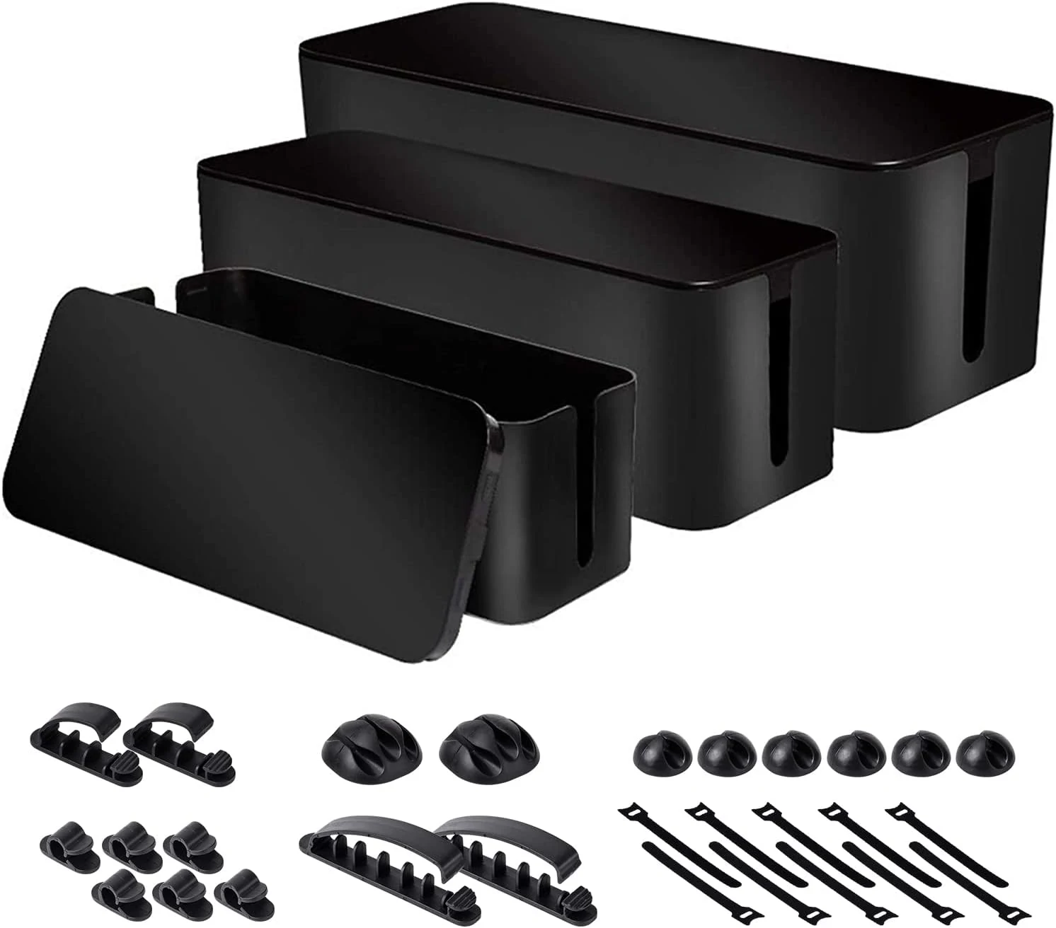 Cable Organizer Box Set of Three, Power Cover Cord Holder Surge Protector for Desk (Black)