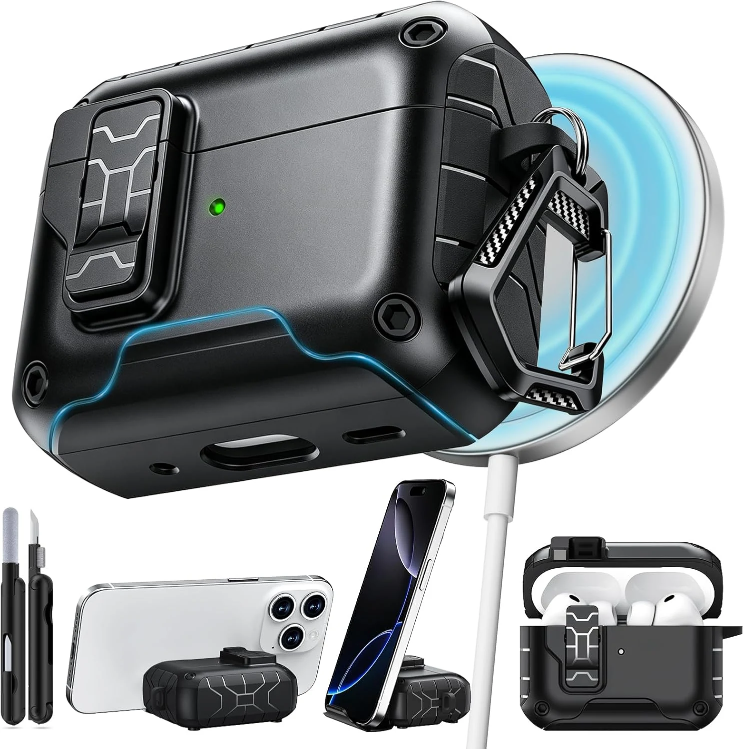 Pohgelan for AirPods Pro 3 Case (2025) with Phone Stand & Cleaning Kit