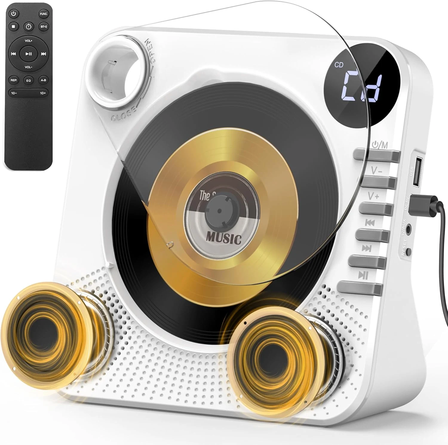 CD Player with Bluetooth, Desktop CD Player for Home, HiFi Speakers, Remote Control, USB, LED Display, Timer, Repeat, EQ Sound, AUX/3.5mm Earphone Jack, Kids, Gift (White)