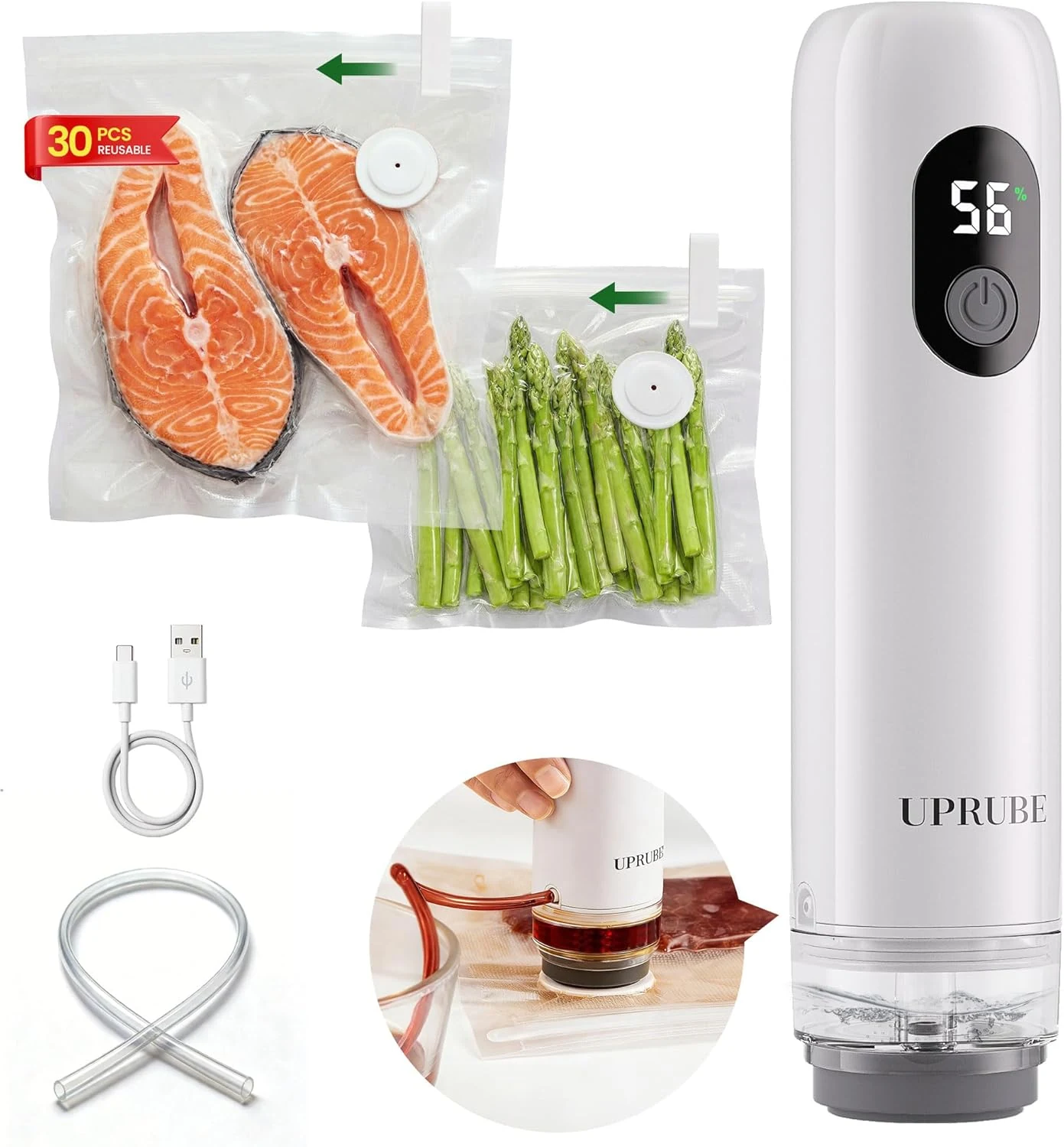 Compact Vacuum Sealer for Food (Vacuum Sealer Machine + 30 Reusable Vacuum Bags)