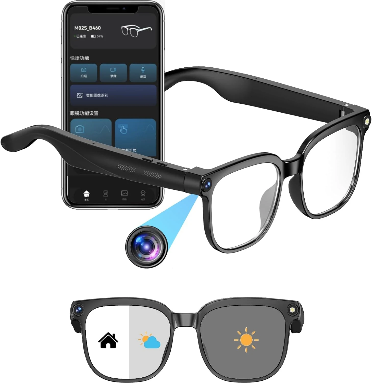 800W Ai Smart Glasses with Camera 1080P HD Video Recording, AI Translator for 160 Languages, GPT Object Recognition, Bluetooth Audio, Photochromic Lenses, 290mAh Long Battery for Travel Sports