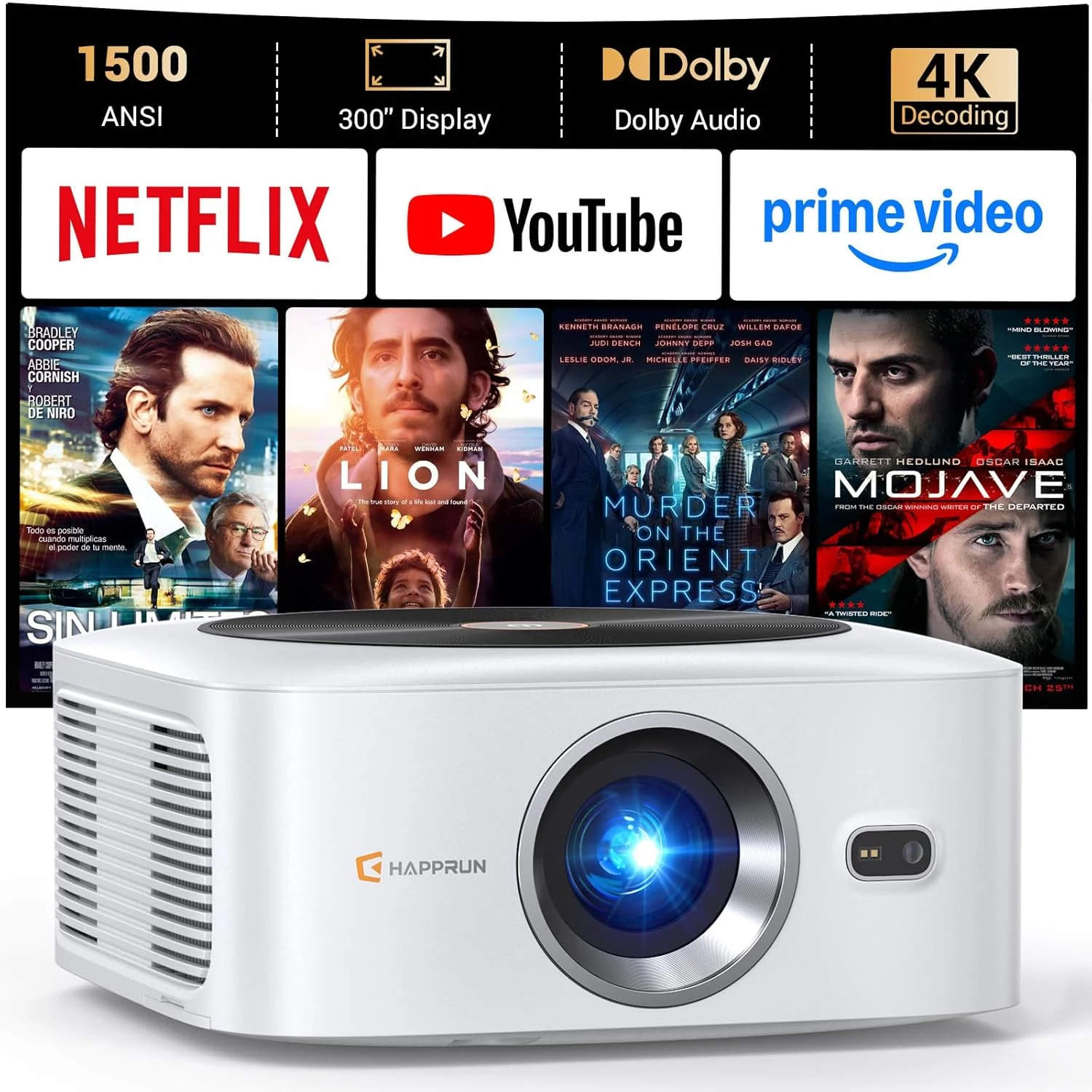HAPPRUN 1500 ANSI Lumens Outdoor Projector with Built-in Streaming Apps, 4K Decoding Resolution, Auto Focus, Dolby Audio, Smart Projector with WiFi 6 and Bluetooth 5.2