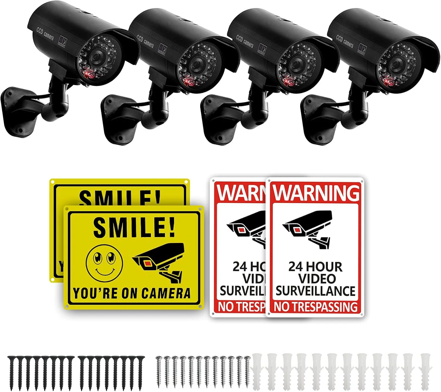 4 Packs Fake Security Camera with No Trespassing Signs Smile You're On Camera Warning Signs and Screws, Dummy Cameras with Realistic LED Red Flashing Light for Outdoor Yard& Indoor Use Set Of 8