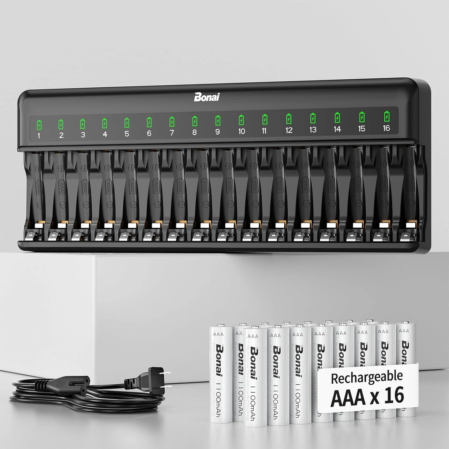 Bonai Rechargeable AAA Batteries with Charger, 16 Bay Smart Fast Battery Charger with American AC Plug & 1100mAh Pre-Charged (16 Pack)