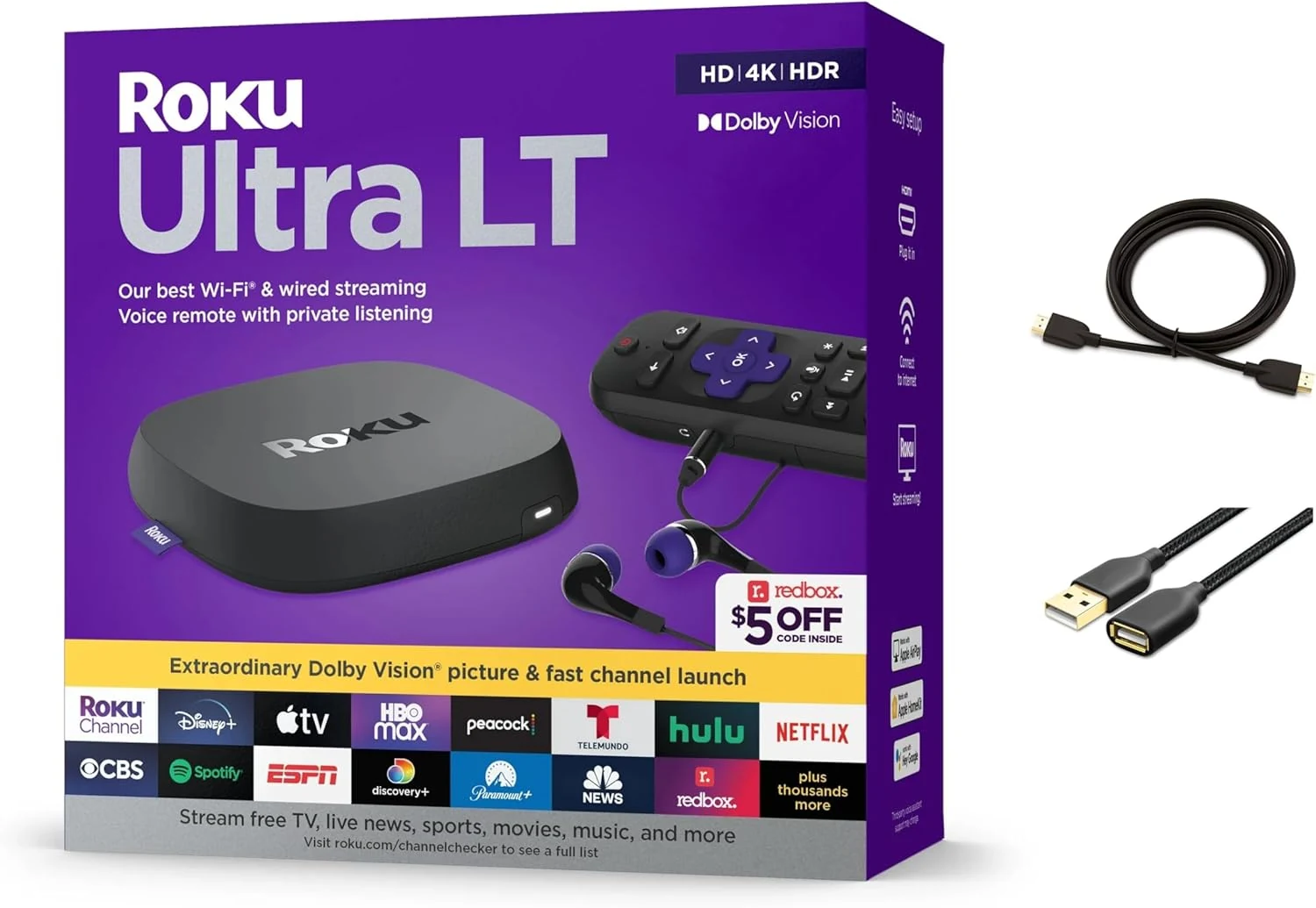 Roku Ultra LT Streaming Device 4K/HDR/Dolby Vision/Dual-Band Wi-Fi with Roku Voice Remote and HDMI Cable