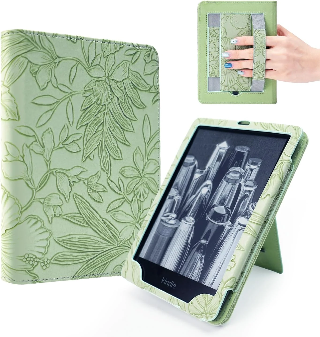 7"/6.8" Green Embossed Case Compatible with Kindle Paperwhite 11th/12th Gen,Colorsoft Signature Edition 2024,Retro Flower Book Cover Hand Strap Stand Auto Wake Design Accessories 2025