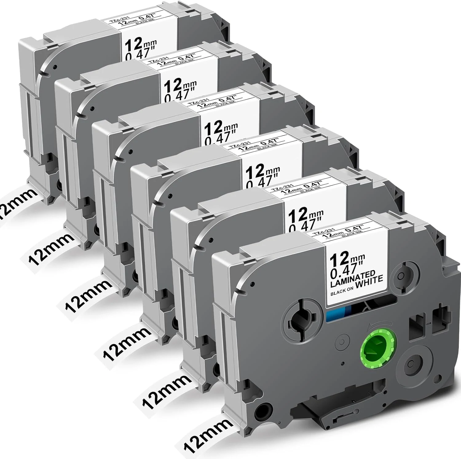 TZe-231 Replacement for Brother Label Maker Tape 12mm 0.47 Laminated White (6-Pack)