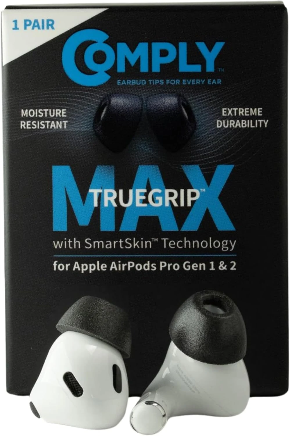 Comply TrueGrip MAX Premium Memory Foam Replacement Earbud Tips for Apple AirPods Pro 1 & 2 (Black, Medium)