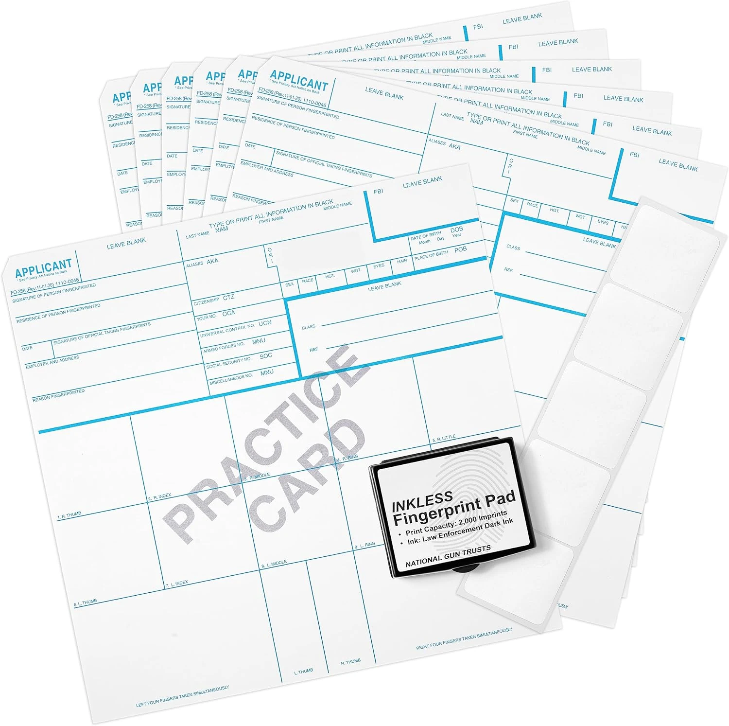 National Gun Trusts FD-258 Fingerprint Card Kit (6 Cards + Practice Card)