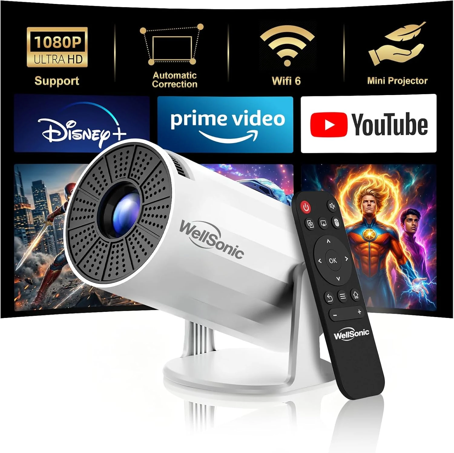 Mini Projector with WiFi and Bluetooth, Portable Movie Projector Support 1080P, Auto Keystone,210° Rotation, 130'' Screen Smart Projector Compatible with HDMI Phone for Bedroom