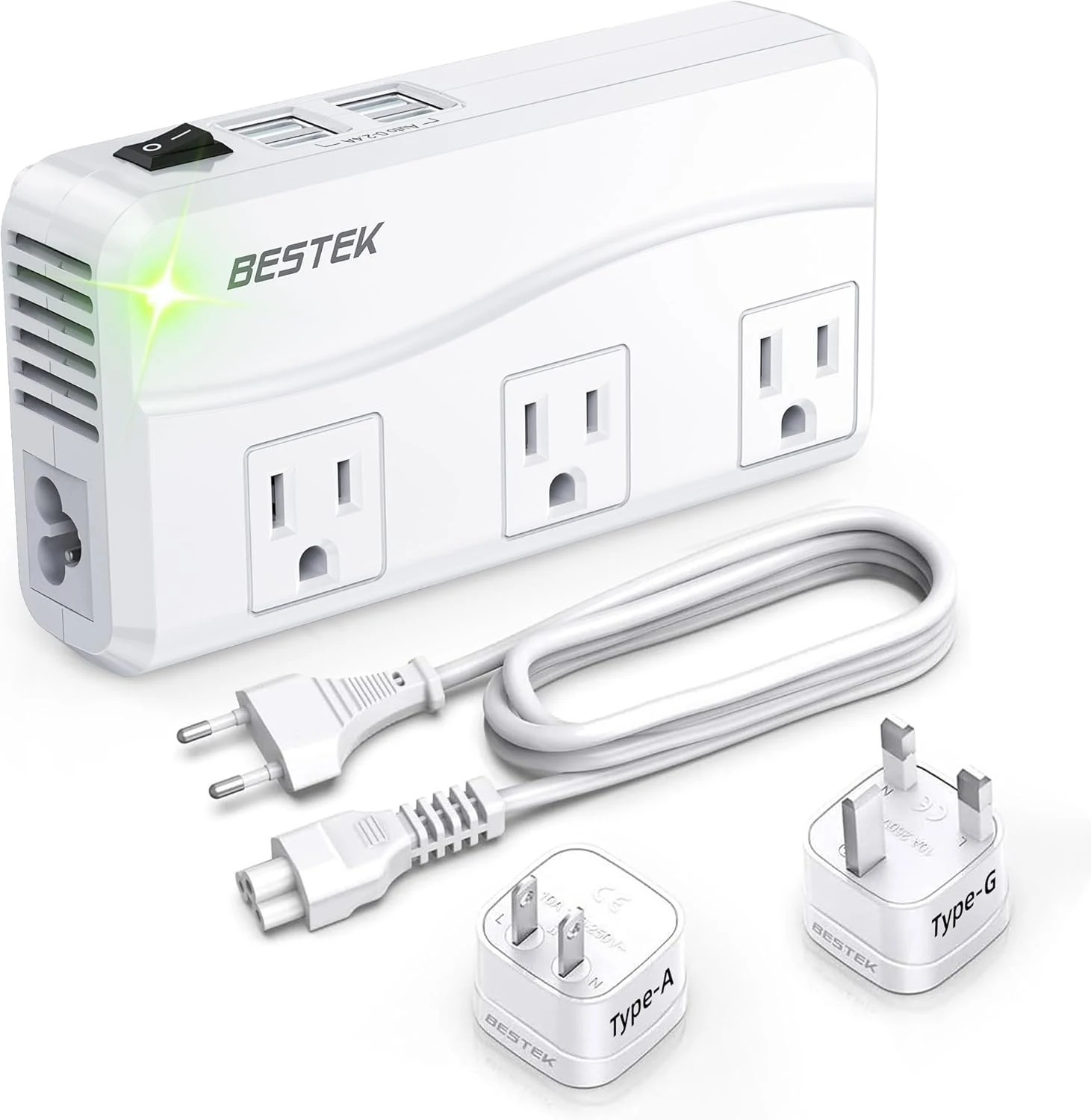 BESTEK Universal Travel Adapter 220V to 110V Voltage Converter with 0-2.4A 4 Port USB Charging and UK/AU/US/EU Worldwide Plug Adapter (White)