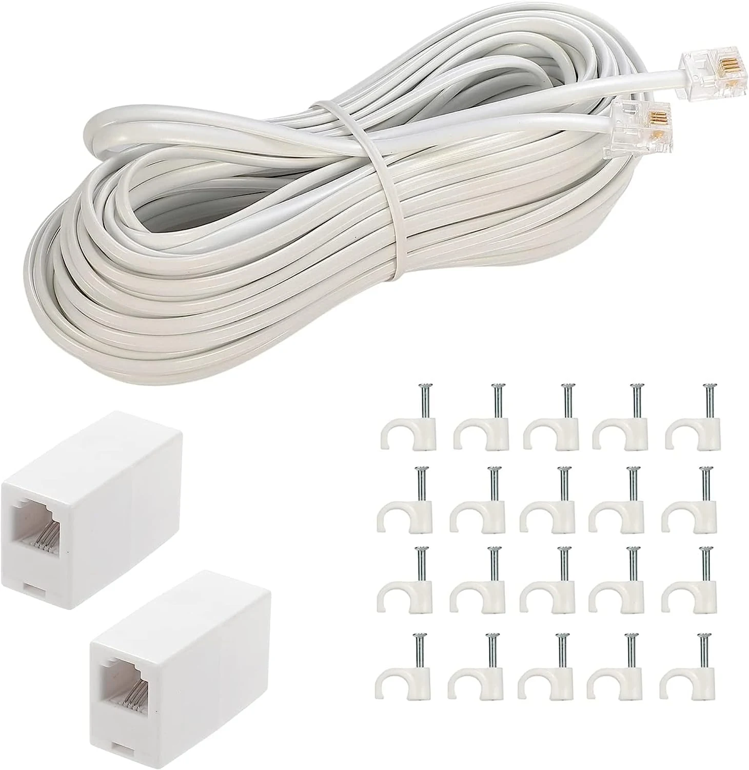 LanSenSu Phone Extension Cord 50 Ft, Phone Cord Telephone Cable with Standard RJ11Plug and 2 in-Line Couplers and 20Cable Clip Holders
