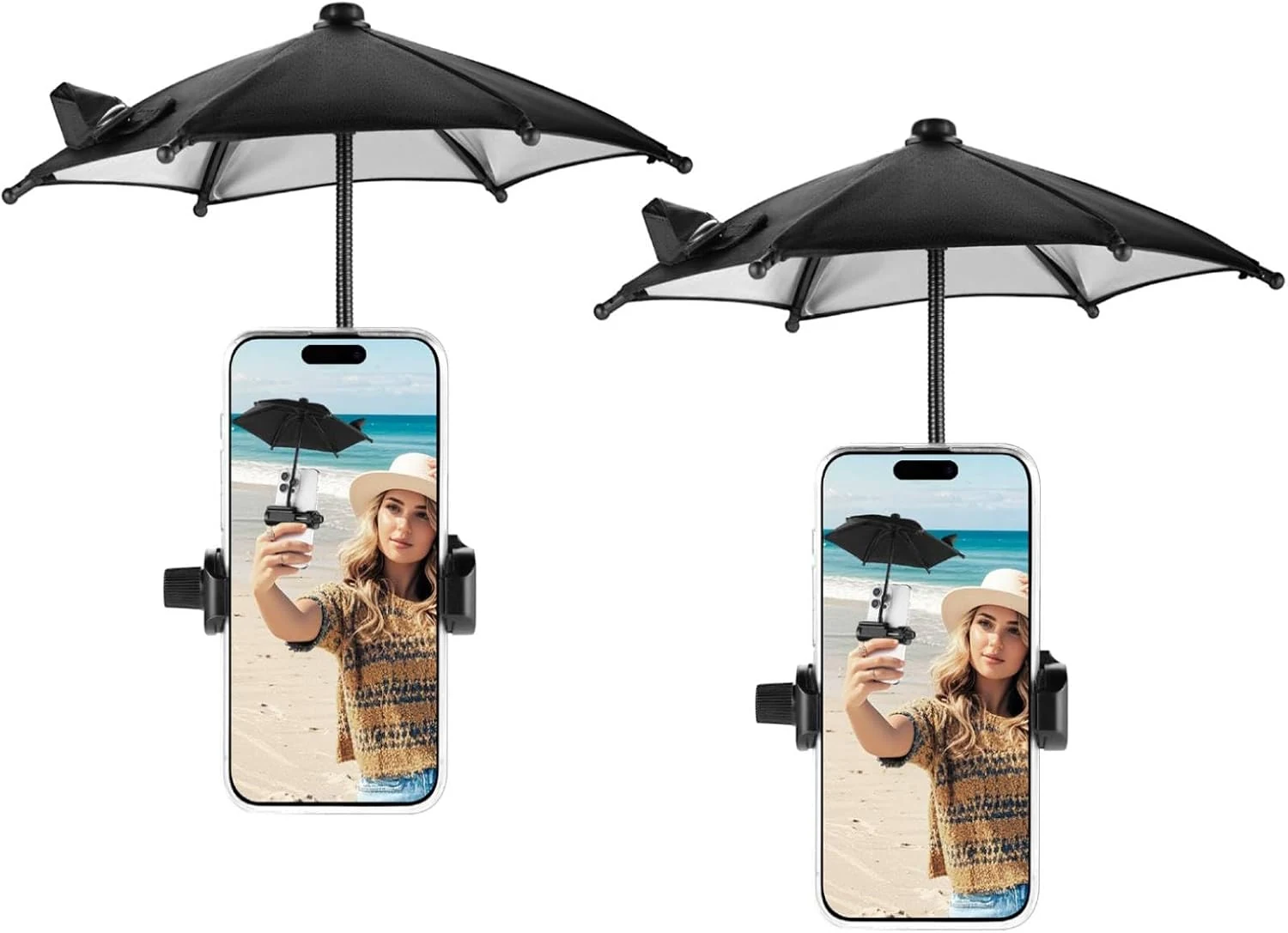 OUTXE Strong Clip Phone Umbrella for Sun, Mini Tanning Shade Cover for Cell iPhone/Android (Black) (2-Pack)