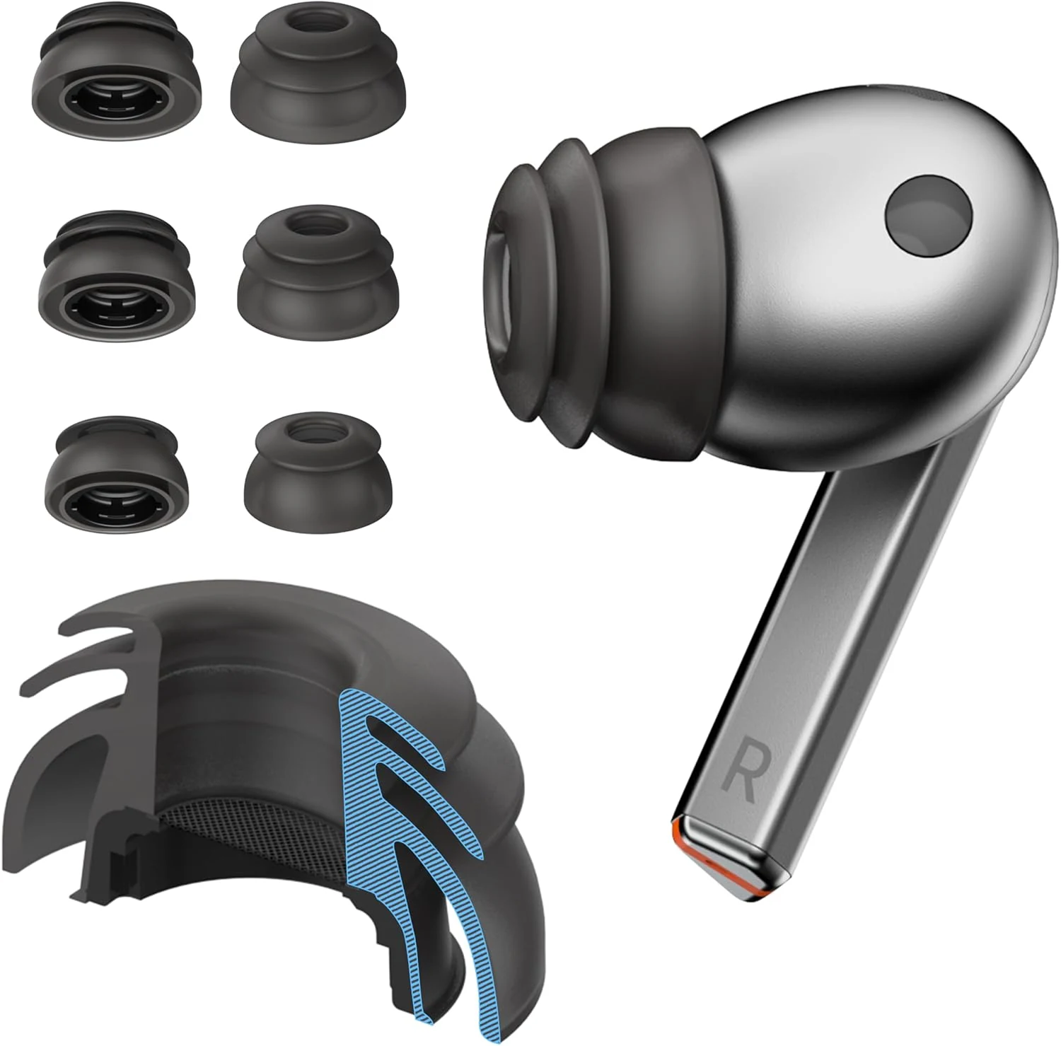 Premium Multi-Flange Eartips for Galaxy Buds3 Pro (Black, Mixed(SML))