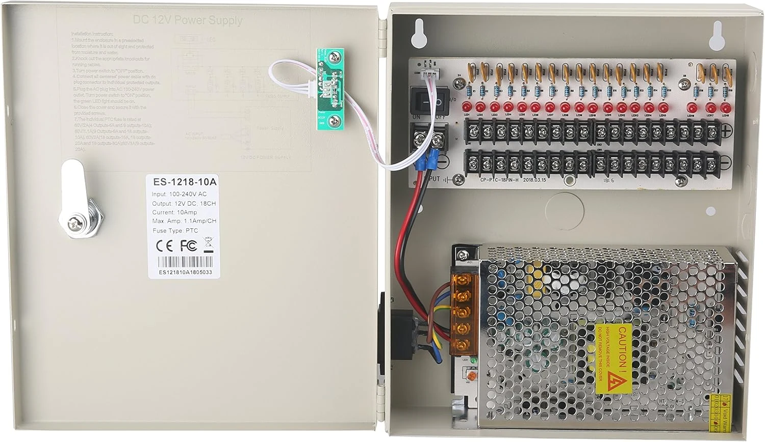 EVERSECU 18 Channel DC12V 20 Amp Reset Fuse CCTV DC Distributed Power Box with AC Plug and Lock