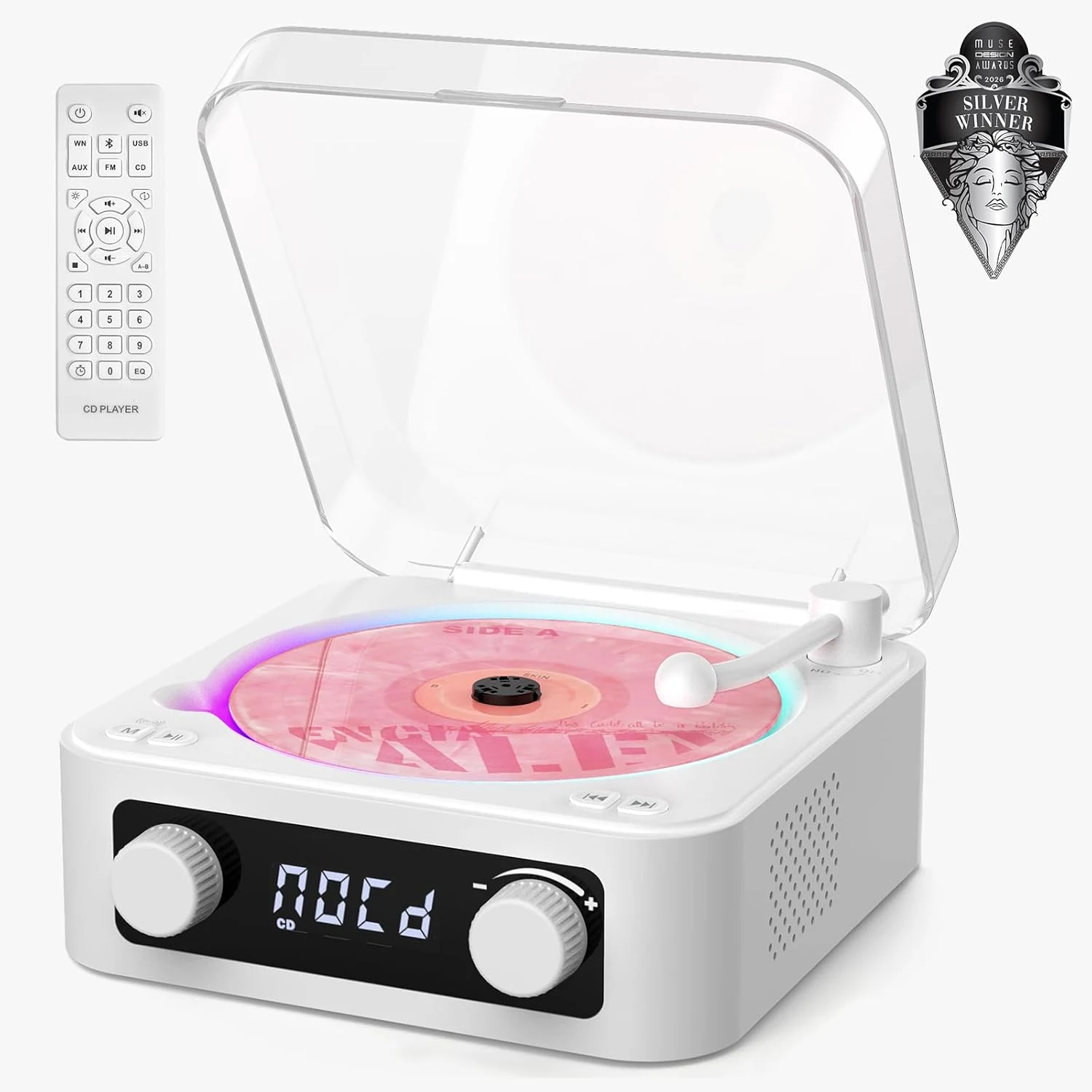 CD Player with Built-in Speakers Portable Bluetooth Input&Output Desktop CD Players for Home with Screen Display, Ambient Lighting, White Noise Mode, Remote Control, USB Type-c (White)