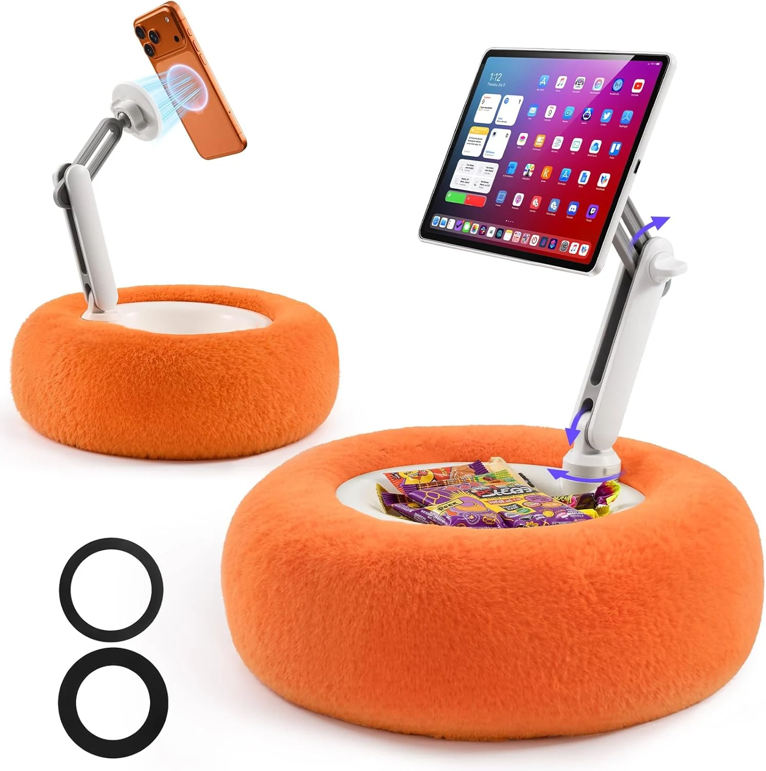 Magnetic iPad Pillow Stand with Snack Bowl for Bed, Adjustable Tablet Pillow Holder Soft Plush Fabric, Lap Pillow Stand for iPad Tablet Kindle Phone Steam Deck, Orange