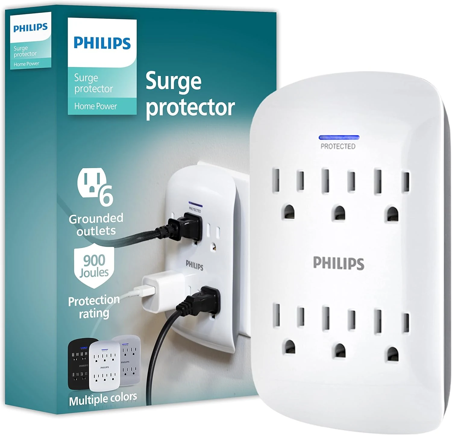 Philips 6-Outlet Extender Surge Protector, Wall Tap, 900 Joules, 3-Prong (SPP3461WA/37)