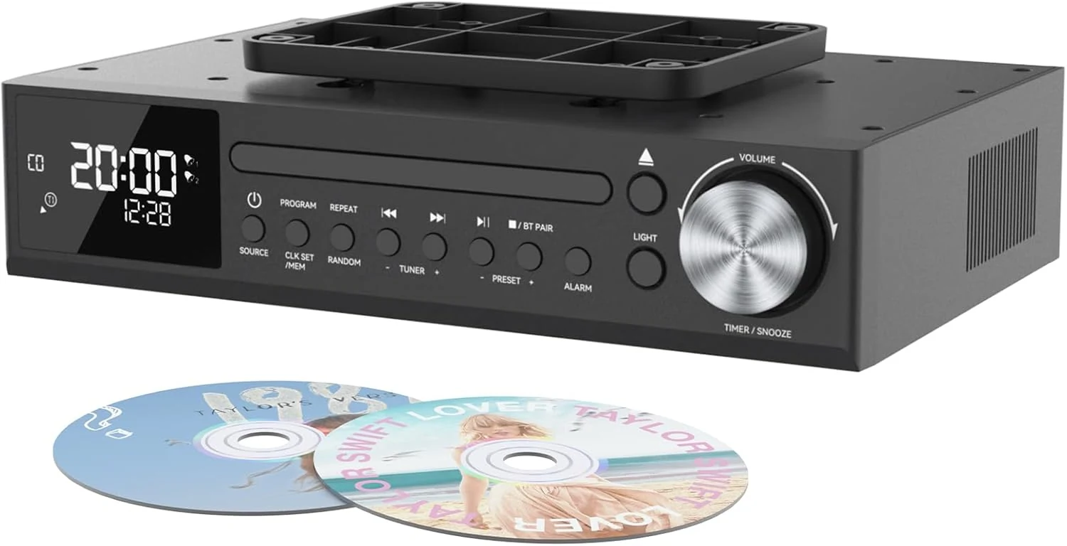 MONODEAL Bluetooth CD Player, Under Cabinet Kitchen FM Radio CD Player, Dual HD Speakers, Wireless Music System with LED Light, Remote Control, Kitchen Timer, Dual Alarm Clock (Black)