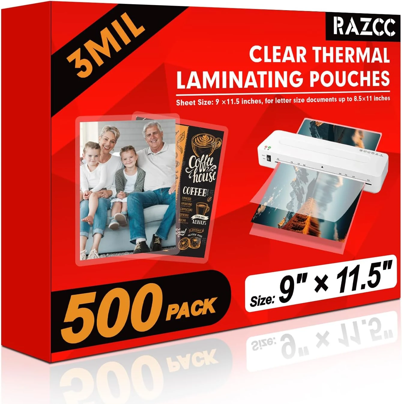 RAZCC Laminating Sheets, 500 Pack Clear Thermal Laminating Plastic Paper Laminator Sheets, 9 x 11.5-Inch, 3mil