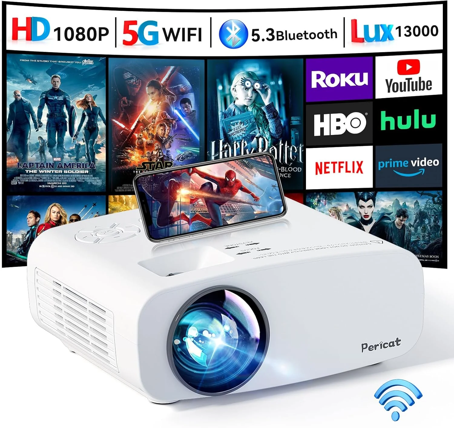 Projector with WiFi and Bluetooth, Pericat 4K Supported Native 1080P Projector (Portable Mini)