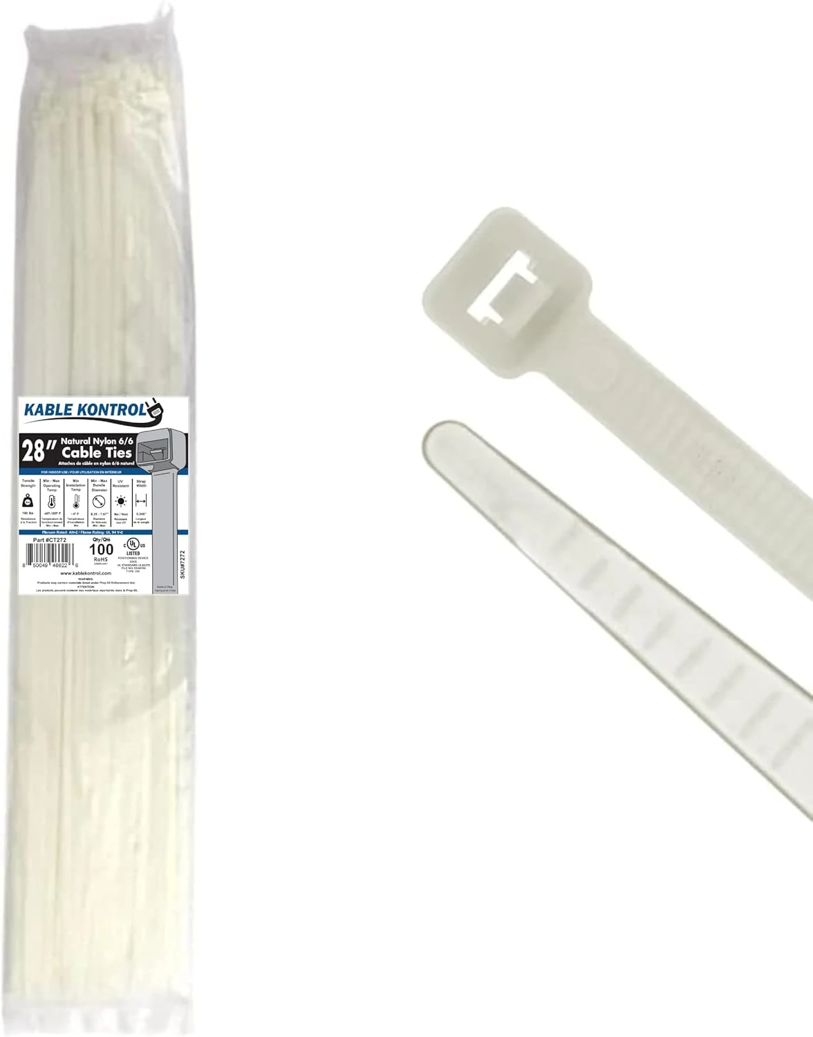 Kable Kontrol Heavy Duty Cable Zip Ties 100 Pcs 28 Inch, Natural White, 175 Lbs Tensile Strength
