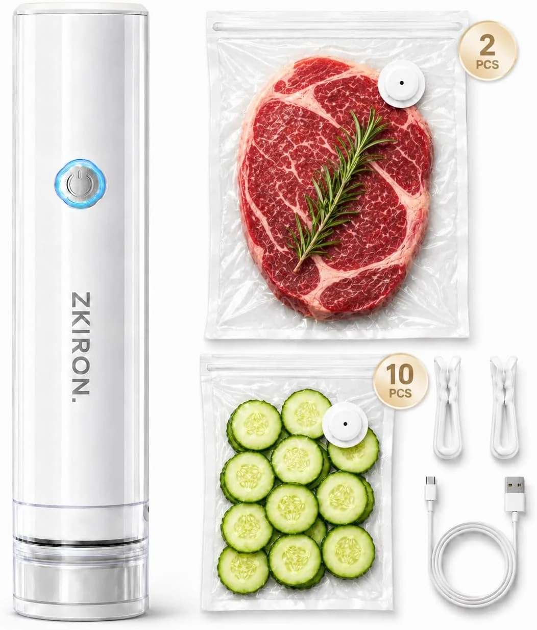 ZKIRON Vacuum Sealer for Food — Cordless Handheld Vacuum Sealer with 12 Reusable Bags, 65kPa Quick Seal, USB-C Rechargeable