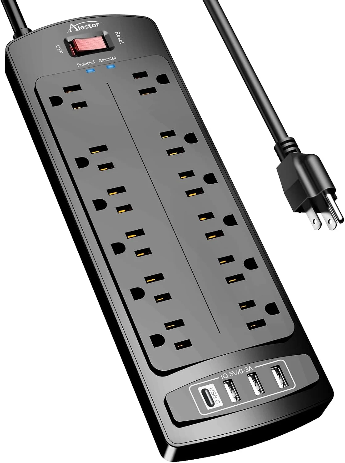 Power Strip, ALESTOR Surge Protector with 12 Outlets and 4 USB Ports, 6 Feet Extension Cord, 2700 Joules, ETL Listed, Black