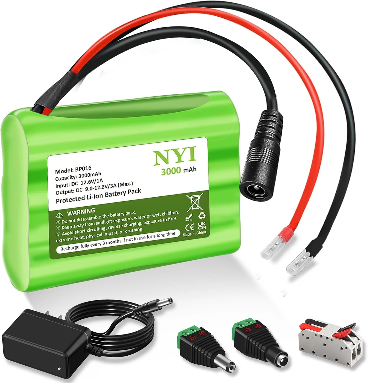 NYI 12V 3000mAh DC Rechargeable Lithium ion Battery Pack 3Ah