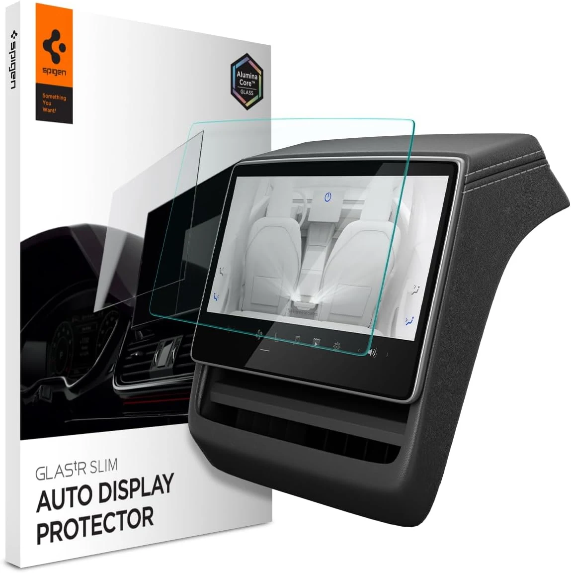 Spigen AluminaCore Screen Protector [GlasTR Slim] designed for Tesla Model 3 (2024/2025/2026), Model Y Juniper (2025/2026) 8" Rear Touchscreen - Crystal Clear