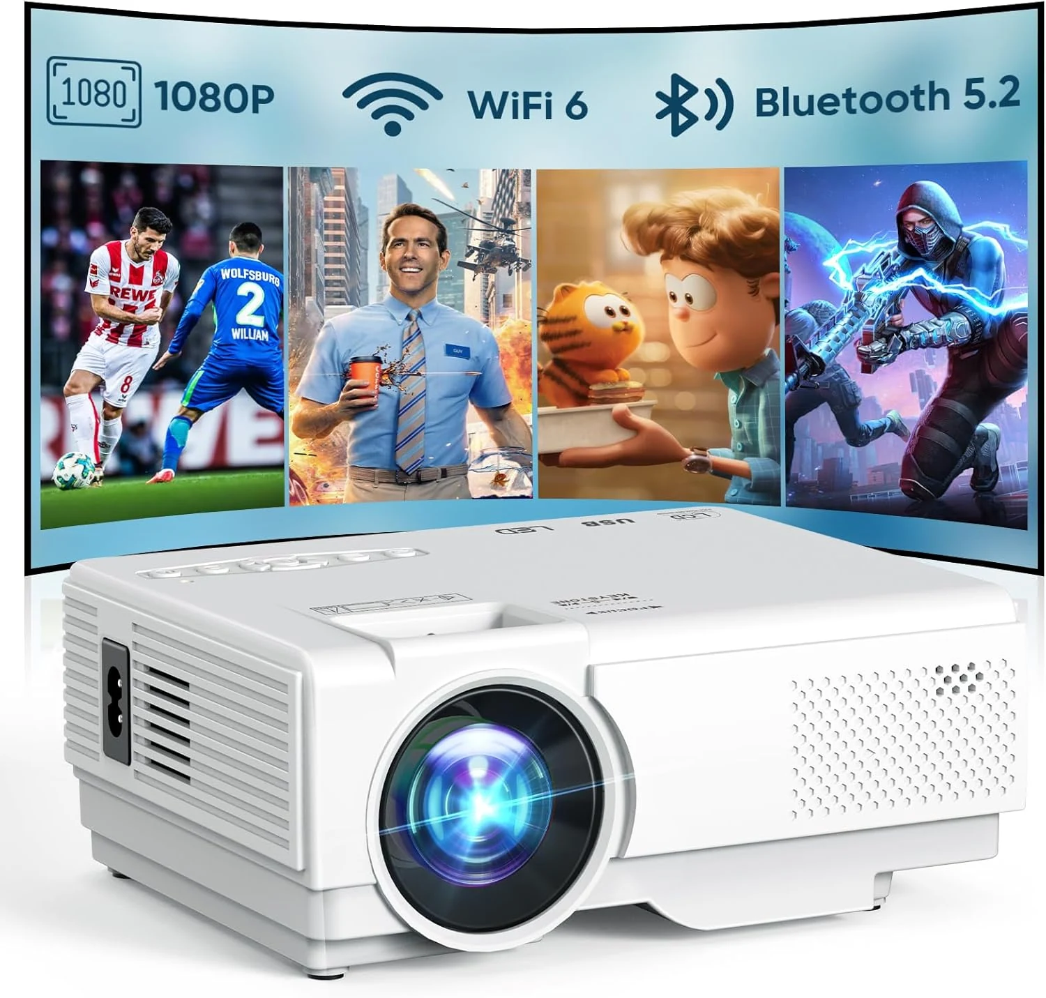 Projector with WiFi and Bluetooth, Upgrade Outdoor Projector, Mini Movie Projector Supports 1080P Synchronize Smartphone Screen by WiFi/USB Cable for Home Entertainment (WiFi)